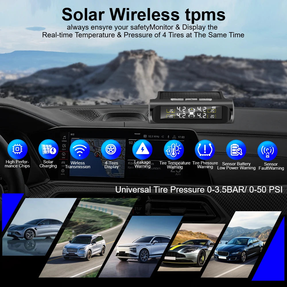 Digital LCD Display 2025 Car TPMS Tyre Pressure Monitoring System External Sensor Auto Security Alarm Solar Power Tyre Pressure