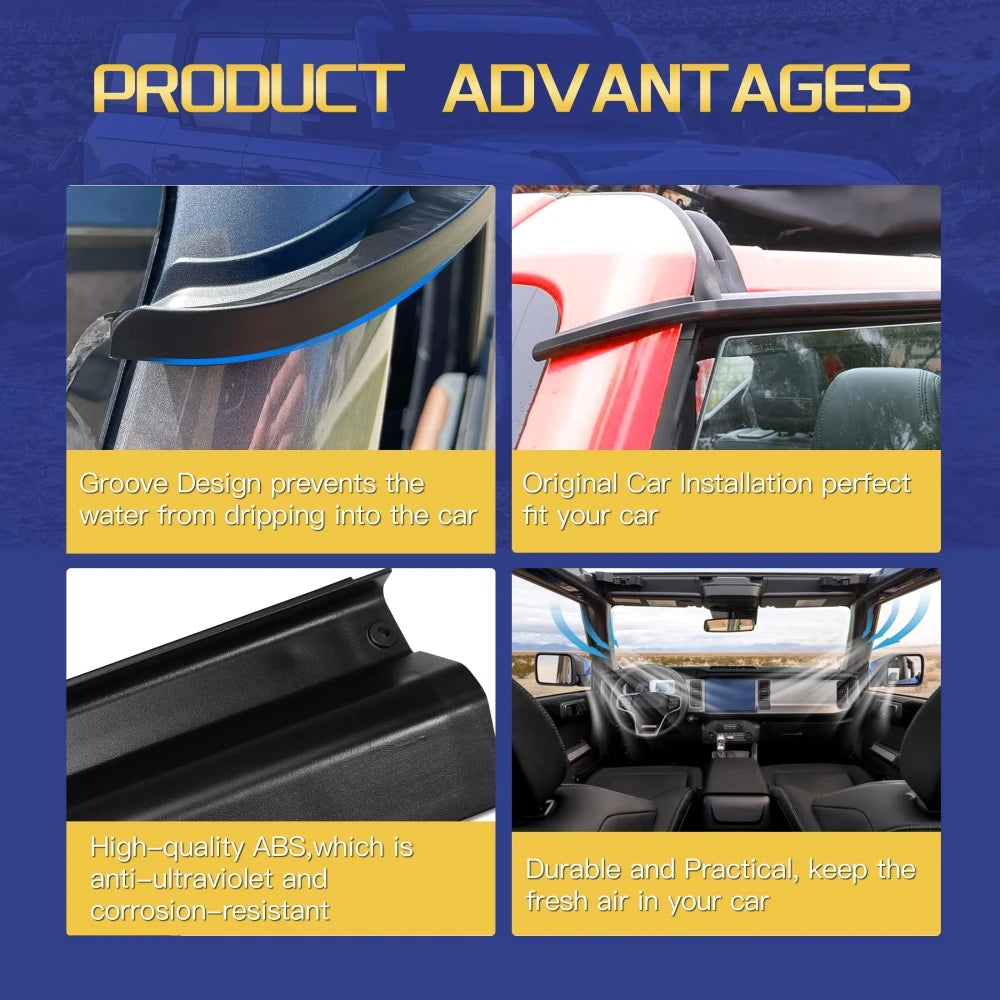 For Ford Bronco 2021-2024 4-Door Side Window Visors Guard Roof Rain Guiding Gutter Protect from Sun Raindrops and Noisy Wind