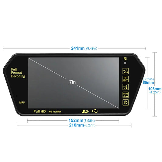 7" Screen Full HD Mirror Parking  LCD  Monitor Bluetooth USB FM Video Player Automatic DisplayFor Car Backup Rear