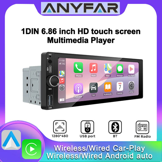 Universal 1 Din Android 6.86 Inch HD Touch Screen Wireless CarPlay Auto Car Radio Multimedia Video Player GPS FM