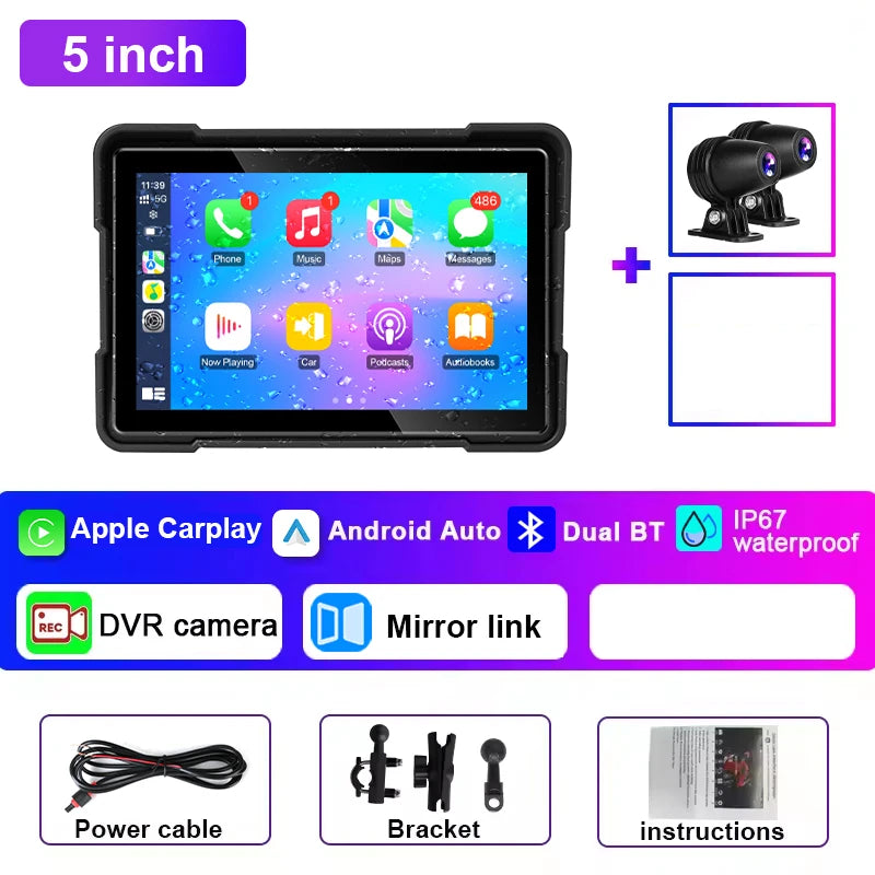5 inch Motorcycle DVR Navigation GPS Wireless CarPlay Android Auto Dash Cam Display Screen Portable DVR TPMS Moto Monitor IPX7