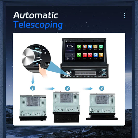 7 Inch Automatic Retractable Touch Screen Wireless Carplay Android Auto Universal 1 Din Car MP5 Player FM Radio BT Mirror Lin-k