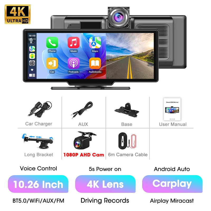 10.26'' 4K Dash Cam Car DVR Android Auto Carplay Display Screen Smart Car System Video Recorder Monitor With Rear Camera 5G WIFI
