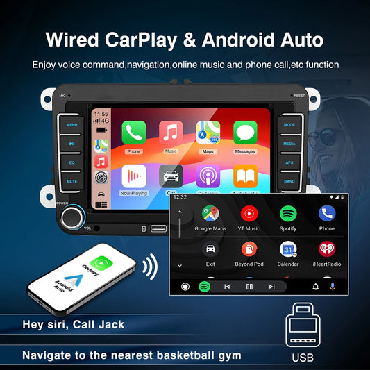 7" 2 Din HD Car Media Video RDS Airplay Car Radio Wireless CarPlay Android Auto Stereo Audio For VW/Seat/Skoda/Passat/Golf/Polo