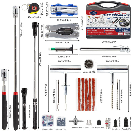 Car Tire Repair Kit With Telescoping Magnet Flashlight Pickup Tool Multi-tool Pliers Pressure Gauge Plugs Roadside Toolbox