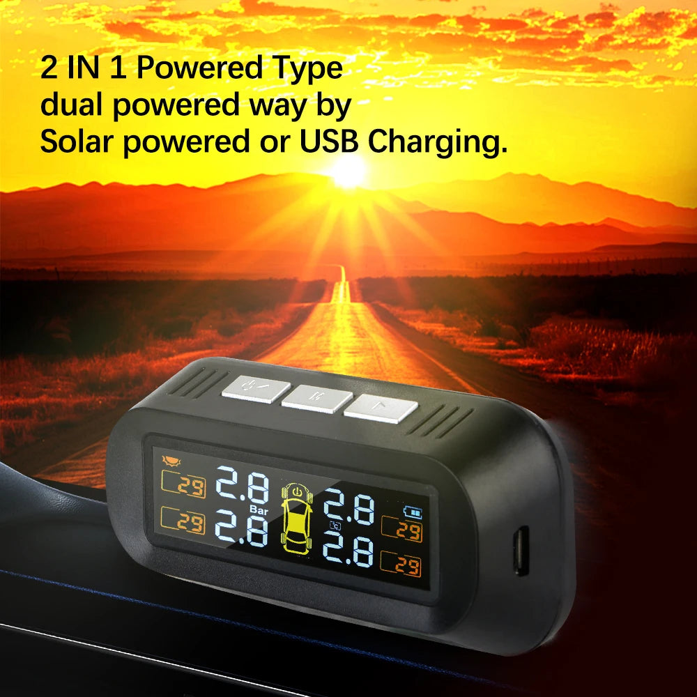 Digital LCD Display Auto Security Alarm Systems Solar/USB Powered Car TPMS Tire Pressure Monitoring System