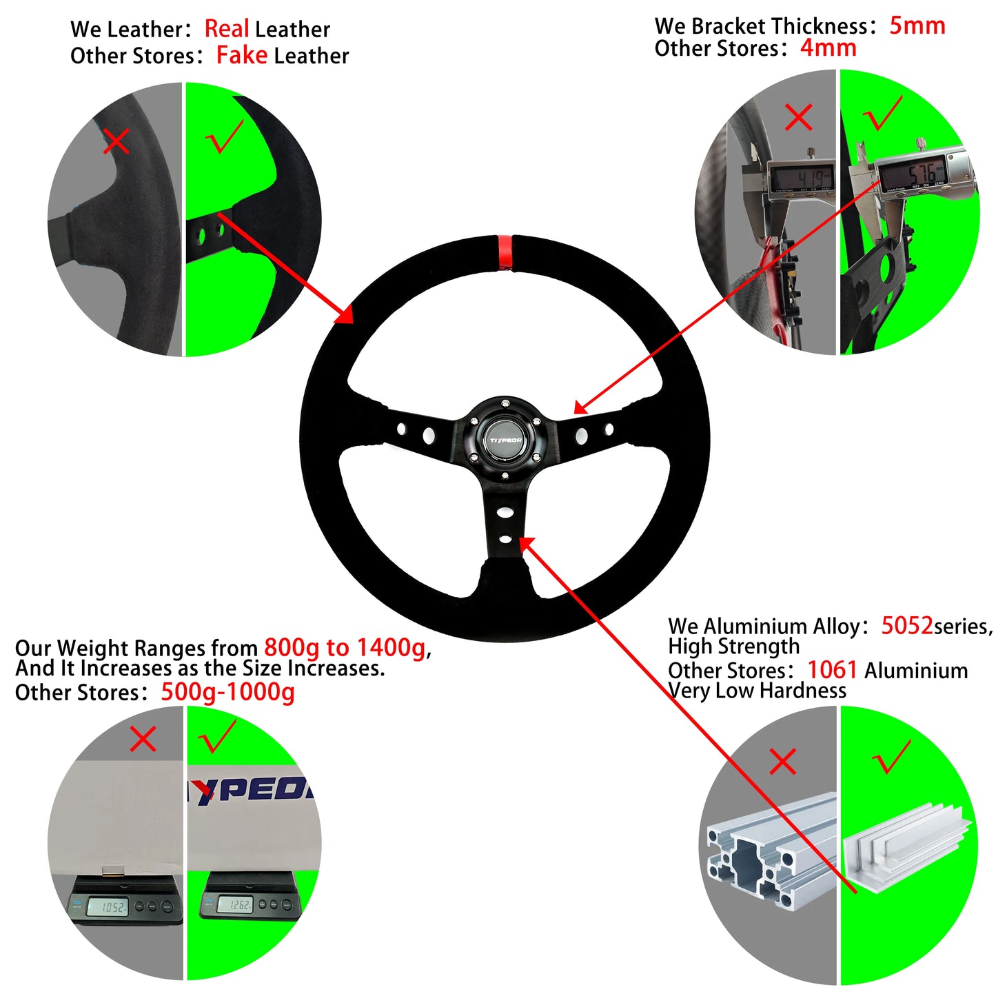 TIYPEOR 14Inch JDM Real Suede Leather Car Rally Racing JDM Steering Wheel Volantes For VW HONDATOYOTA