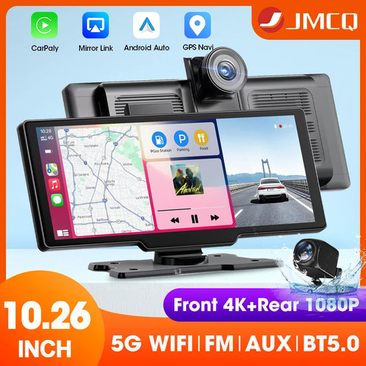 10.26'' Portable 4K Dash Cam Wireless CarPlay Android Auto Car Monitor Dashboard Car DVR Video Recorder GPS FM BT