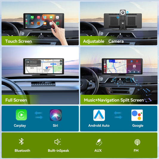 Carplay Screen for Car, 10" Portable Wireless Carplay&Android Auto, ar Stereo Audio Receivers for Car GPS Navigation Mirror Link