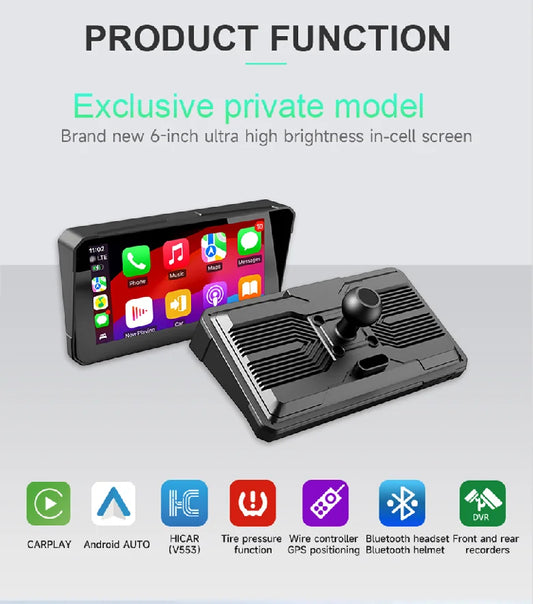 6 Inch Portable Carplay Motorcycle DVR Multimedia Player GPS Navigation Wireless Android Auto Waterproof Screen In-cell screen