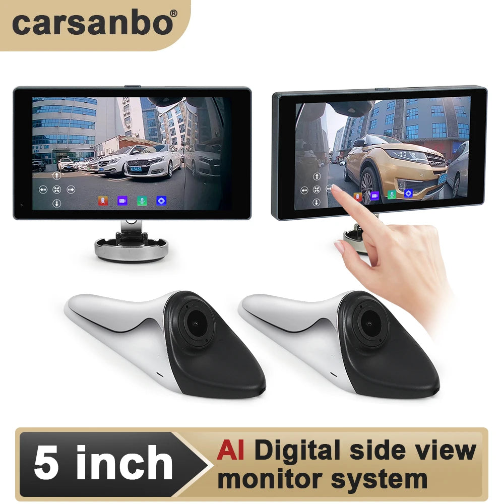 5 Inch Touch Screen Digital Side View Monitor,AHD 1080P Camera,with AI Function(2monitors+2cameras)and Blind Spot Warning System