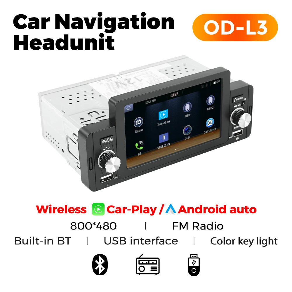 1Din 5inch Touch Screen Car Radio Multimedia Player Carplay Android Auto Display Navigation Mirrorlink MP5 Rear View Camera