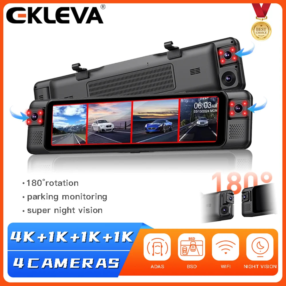 4CH Dash Cam 11" 4K+1K+1K+1K WIFI Rear View Mirror 4 Cameras Video recorder Car DVR ADAS BSD Night Vision 24H Parking Monitor
