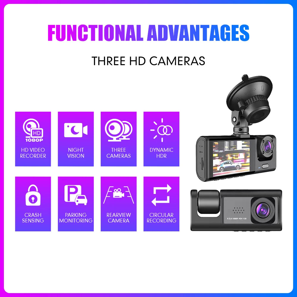 Cam Car DVR HD 1080P Dash Camera 3 Lens 2.0 inch IPS Video Recorder Cycle Dashcam Mirror Driving Recorder Night Vision