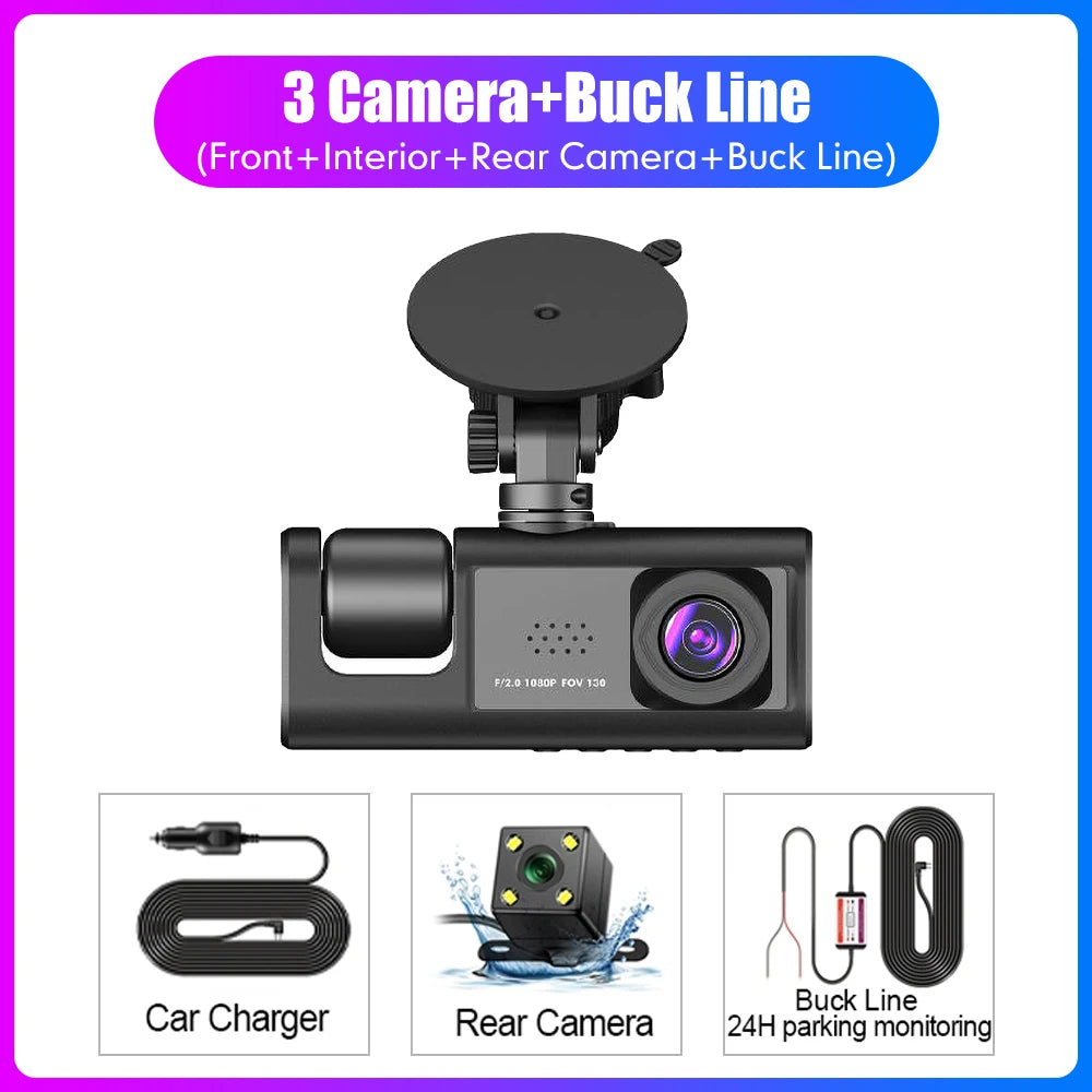 Cam Car DVR HD 1080P Dash Camera 3 Lens 2.0 inch IPS Video Recorder Cycle Dashcam Mirror Driving Recorder Night Vision