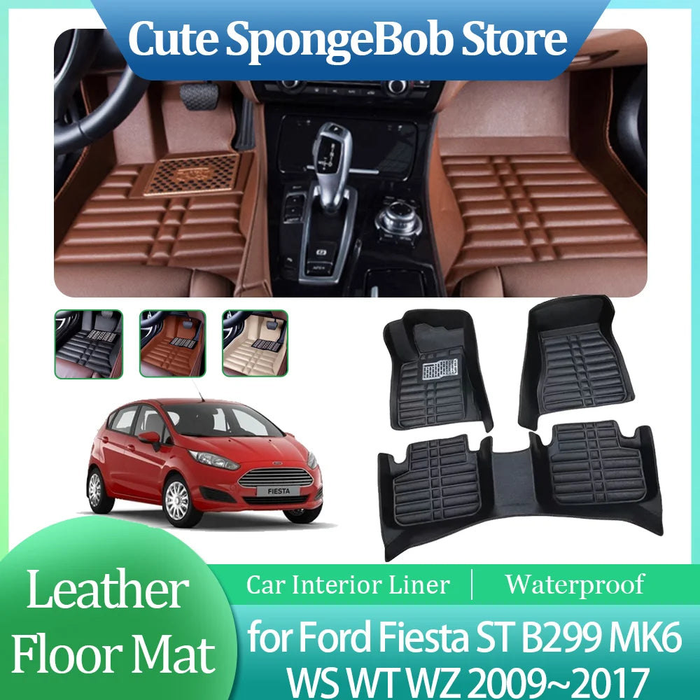 Car Leather Floor Mat for Ford Fiesta ST B299 MK6 WS WT WZ 2009~2017 Anti-dirty Foot Liner Waterproof Carpet Custom Accessories