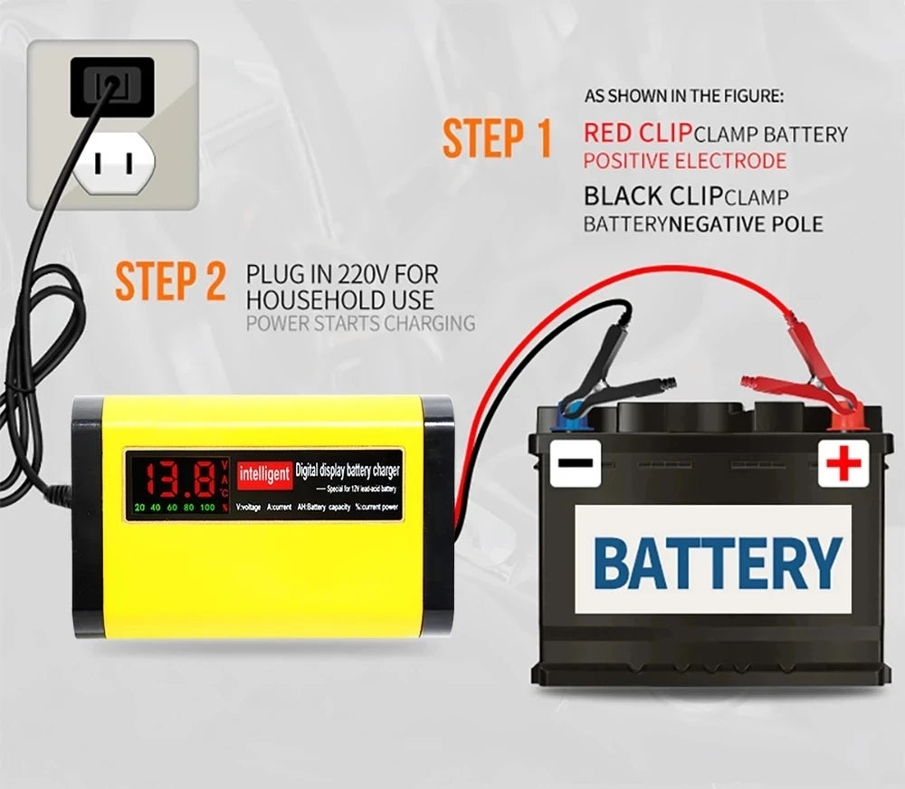 Car Battery Charger 12V 2A LCD Display For Automotive Truck Motorcycle Lead Acid Battery