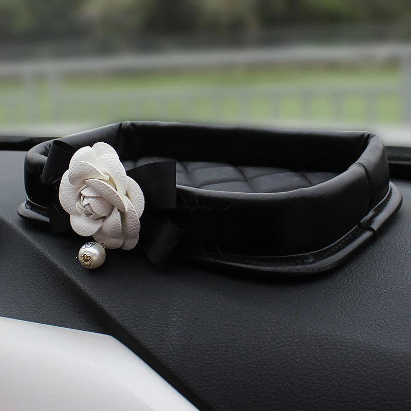 Camellia Flower Car Interior Accessories Crystal Leather Steering Wheel Cover Seat Belt Shifter Cover Auto Headrest Mirror Case