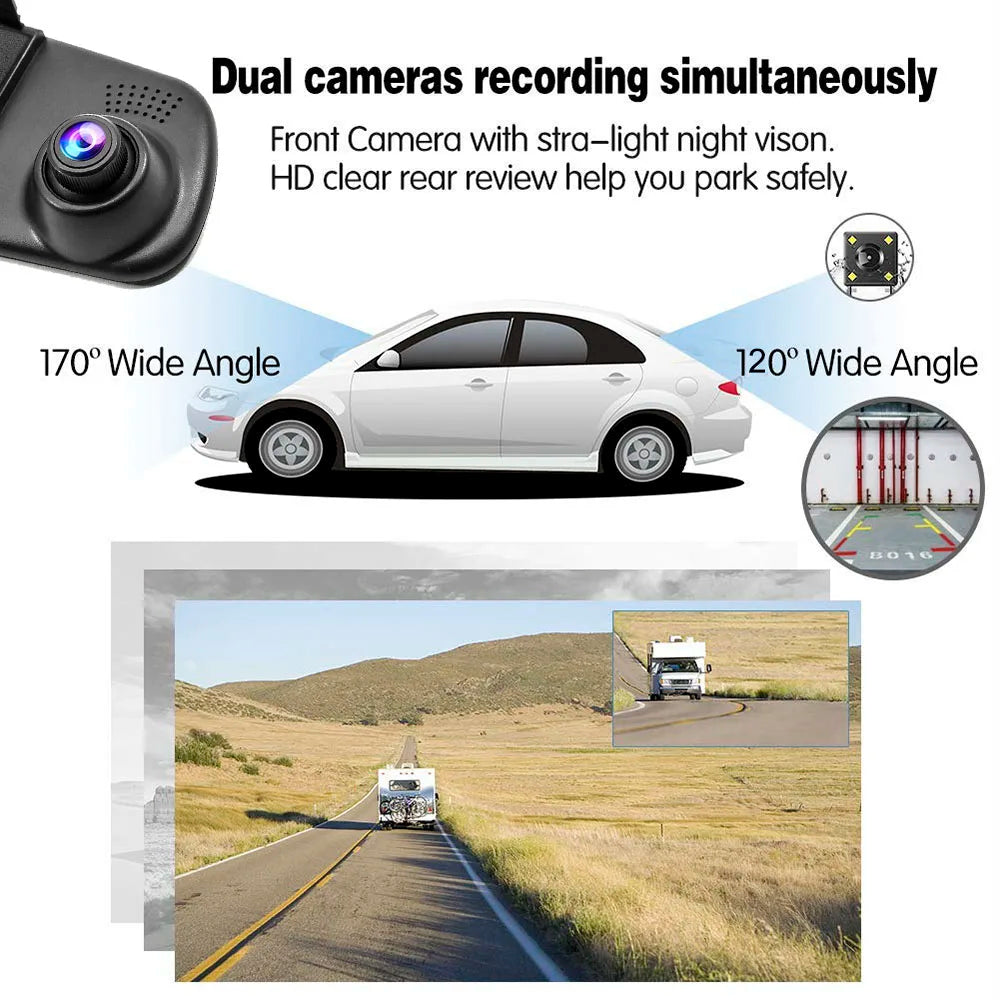 HGDO 4.3" Rearview Mirror Dash Cam Dual Lens FHD 1080P Vehicle Video Recorder Autoregistrator Car Dvr with two Cameras 24H