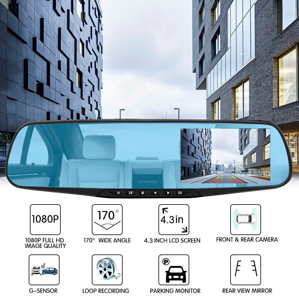 HGDO 4.3" Rearview Mirror Dash Cam Dual Lens FHD 1080P Vehicle Video Recorder Autoregistrator Car Dvr with two Cameras 24H