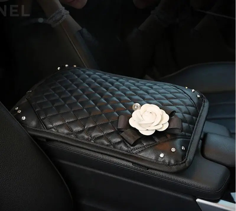 Camellia Flower Car Interior Accessories Crystal Leather Steering Wheel Cover Seat Belt Shifter Cover Auto Headrest Mirror Case