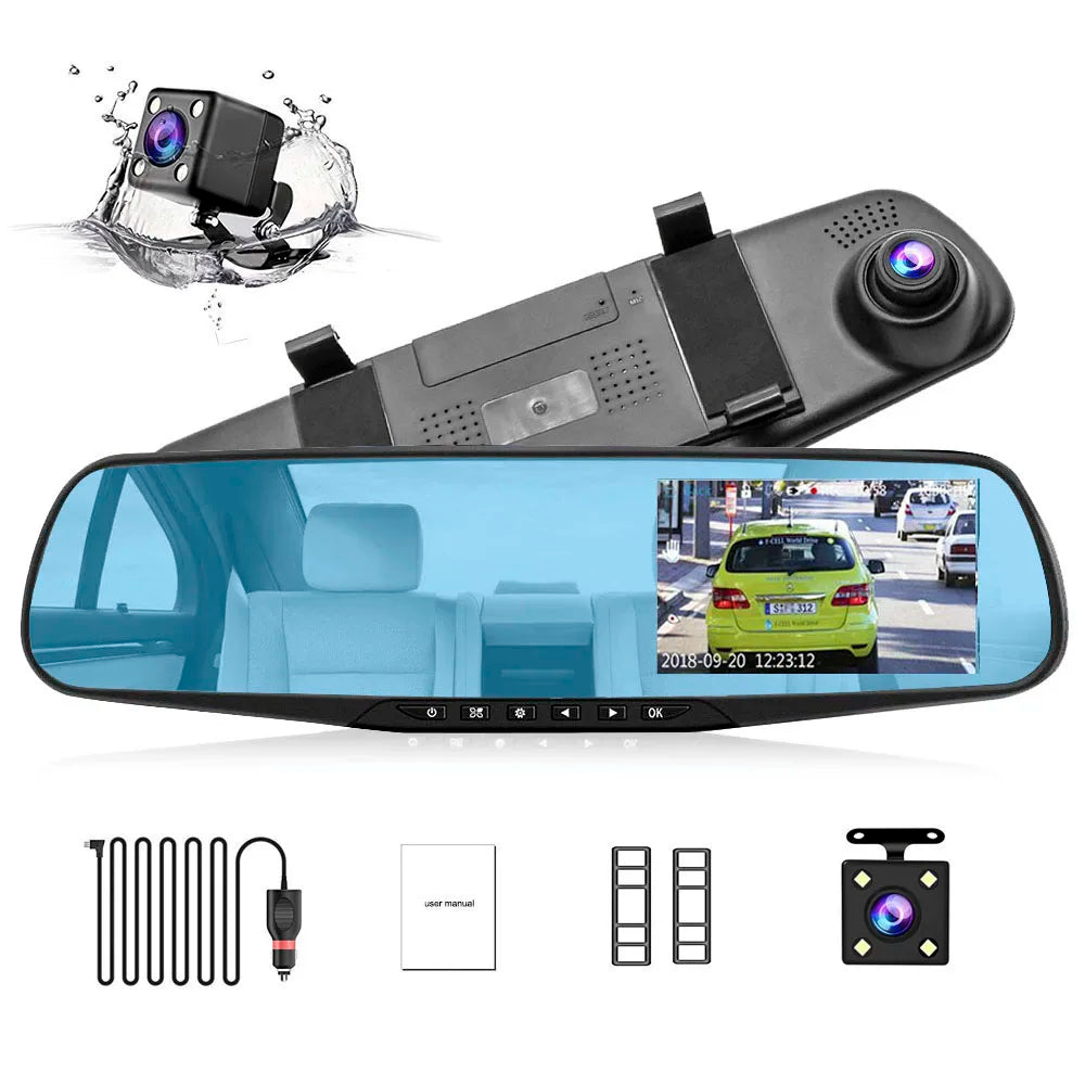 HGDO 4.3" Rearview Mirror Dash Cam Dual Lens FHD 1080P Vehicle Video Recorder Autoregistrator Car Dvr with two Cameras 24H
