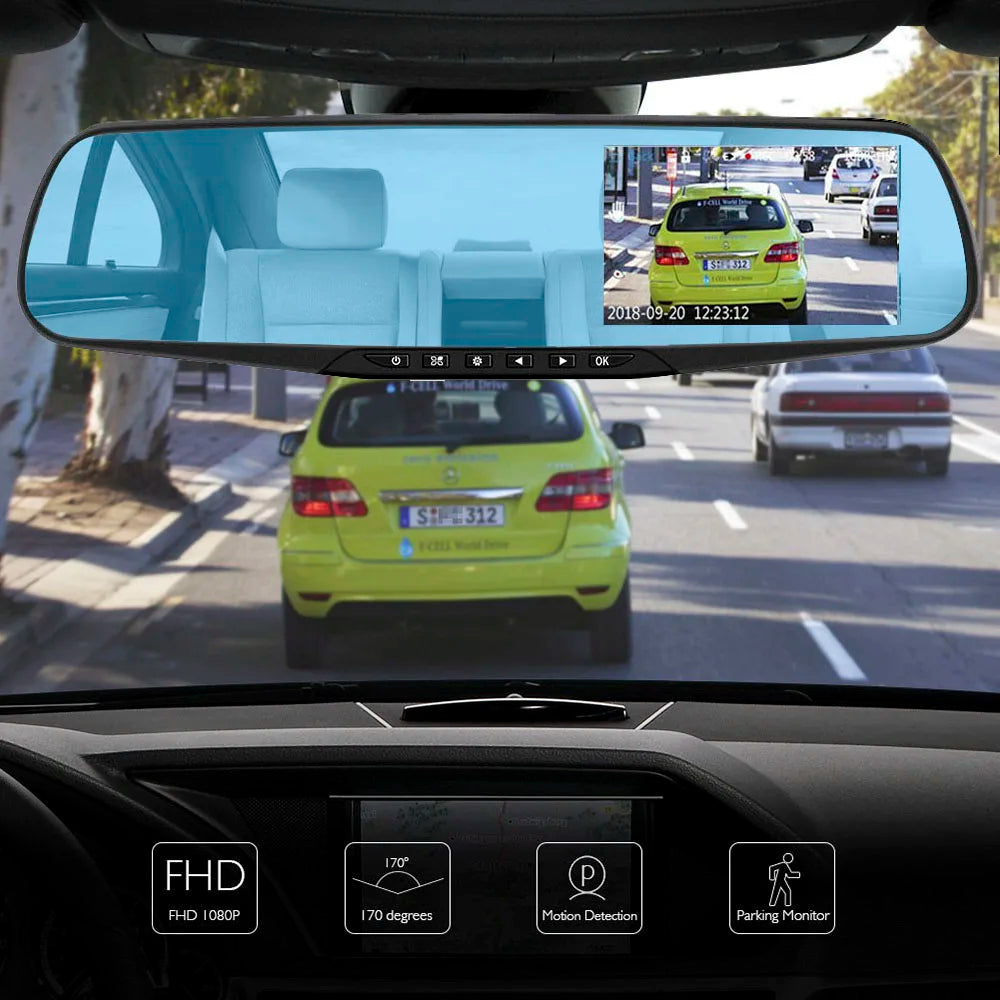 HGDO 4.3" Rearview Mirror Dash Cam Dual Lens FHD 1080P Vehicle Video Recorder Autoregistrator Car Dvr with two Cameras 24H