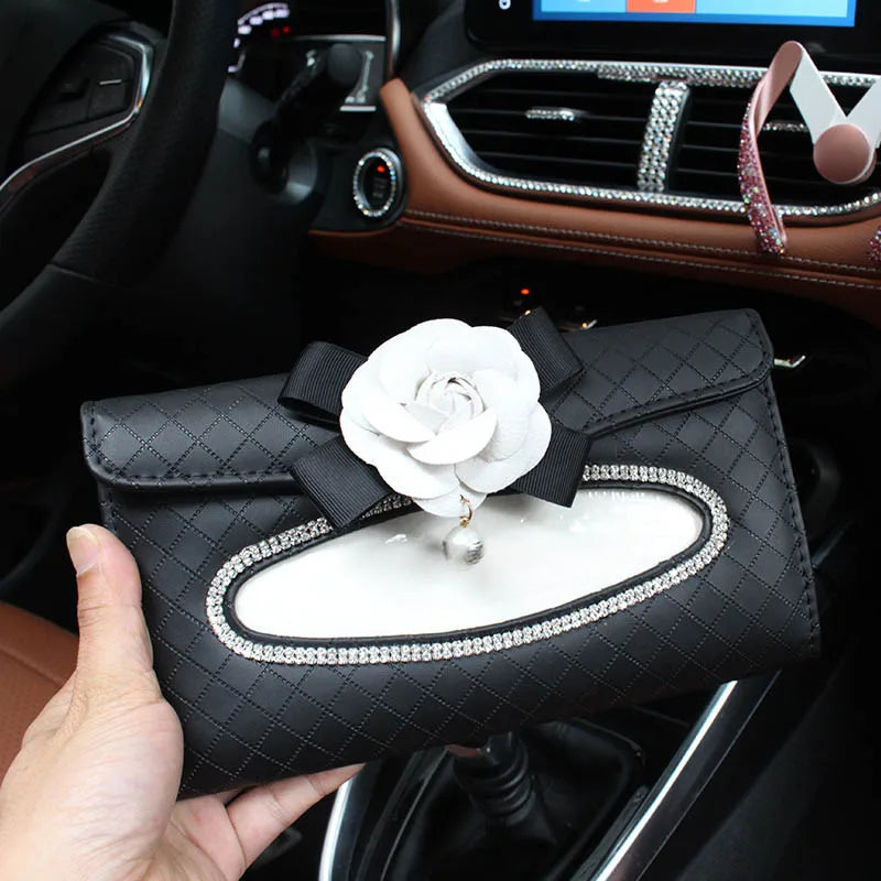 Camellia Flower Car Interior Accessories Crystal Leather Steering Wheel Cover Seat Belt Shifter Cover Auto Headrest Mirror Case