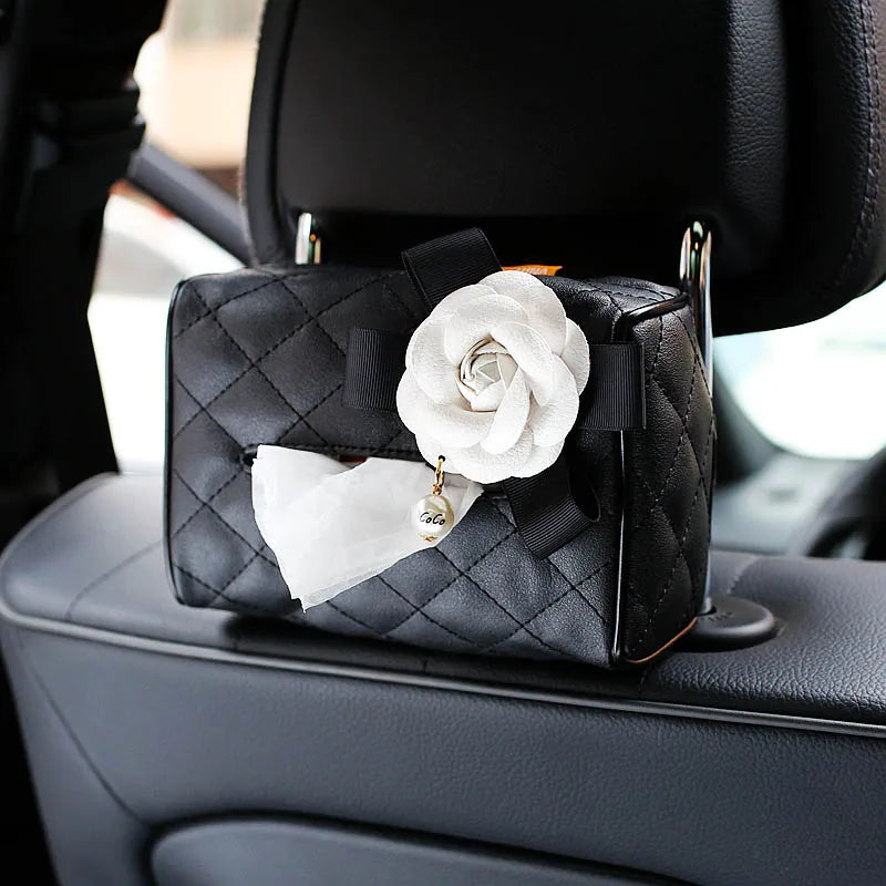 Camellia Flower Car Interior Accessories Crystal Leather Steering Wheel Cover Seat Belt Shifter Cover Auto Headrest Mirror Case