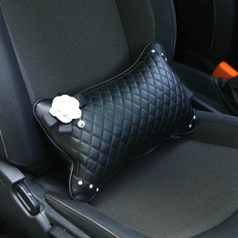 Camellia Flower Car Interior Accessories Crystal Leather Steering Wheel Cover Seat Belt Shifter Cover Auto Headrest Mirror Case