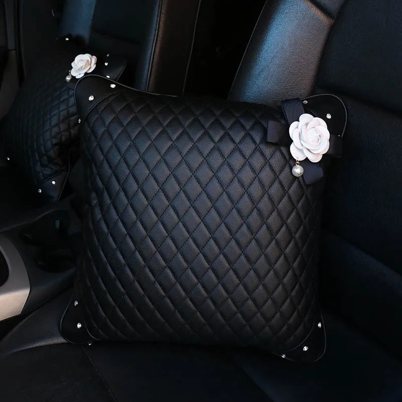 Camellia Flower Car Interior Accessories Crystal Leather Steering Wheel Cover Seat Belt Shifter Cover Auto Headrest Mirror Case