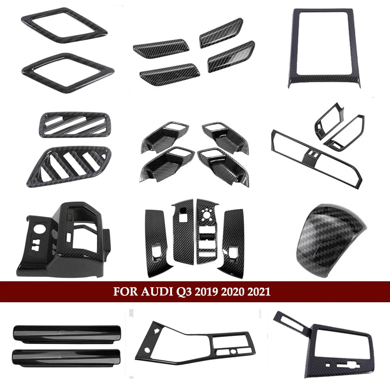 Carbon Fiber Look Accessories Interior Kit For Audi Q3 F3 2019 - 2021 Pillar A Speaker / Lift Button / Air AC / Gear Cover Trim