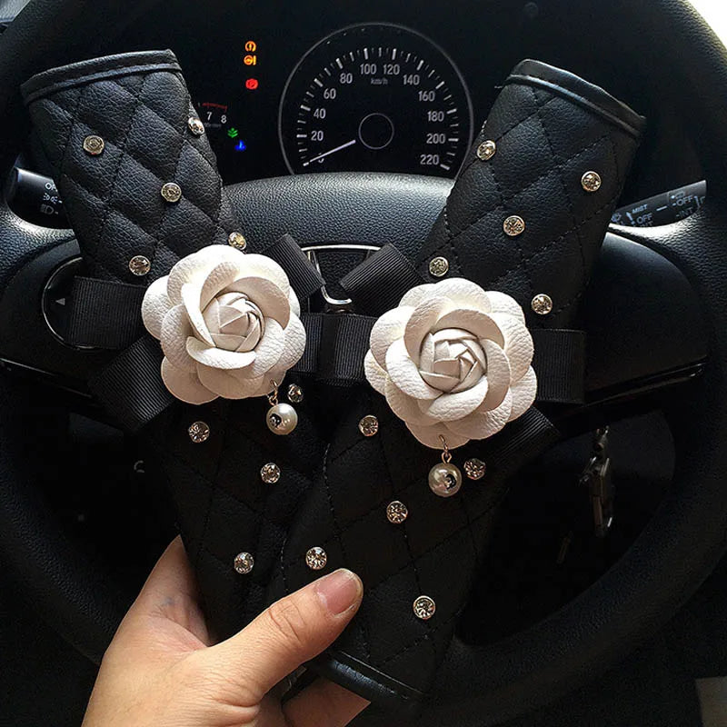 Camellia Flower Car Interior Accessories Crystal Leather Steering Wheel Cover Seat Belt Shifter Cover Auto Headrest Mirror Case