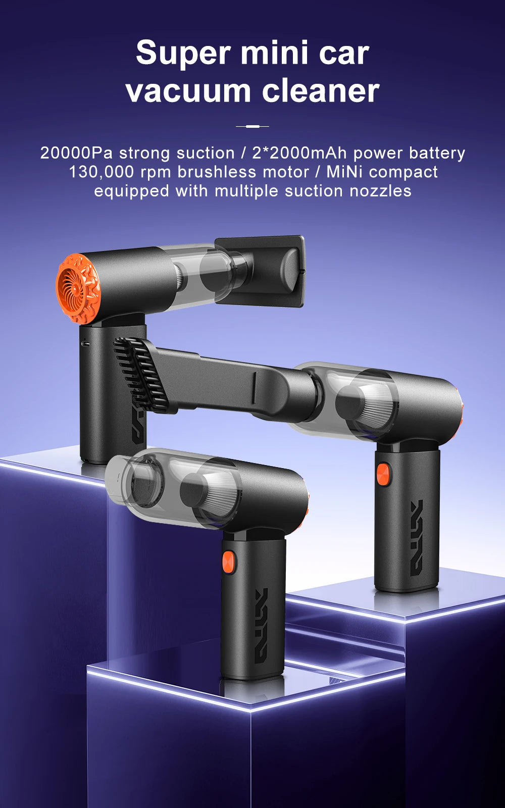 Mini Car Vacuum Cleaner | 20000Pa Strong Suction | 130,000 RPM Brushless Motor | 2*2000mAh Battery | Multi-Nozzle Set