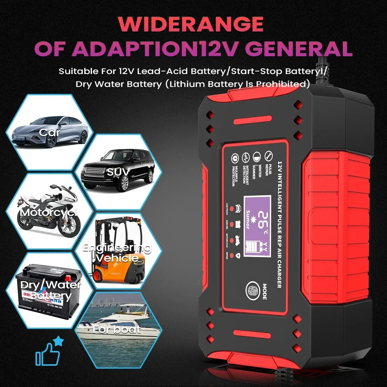 Smart Car Battery Charger 12V, Motorcycle Battery Maintainer with LCD Display for Lead-Acid Repair