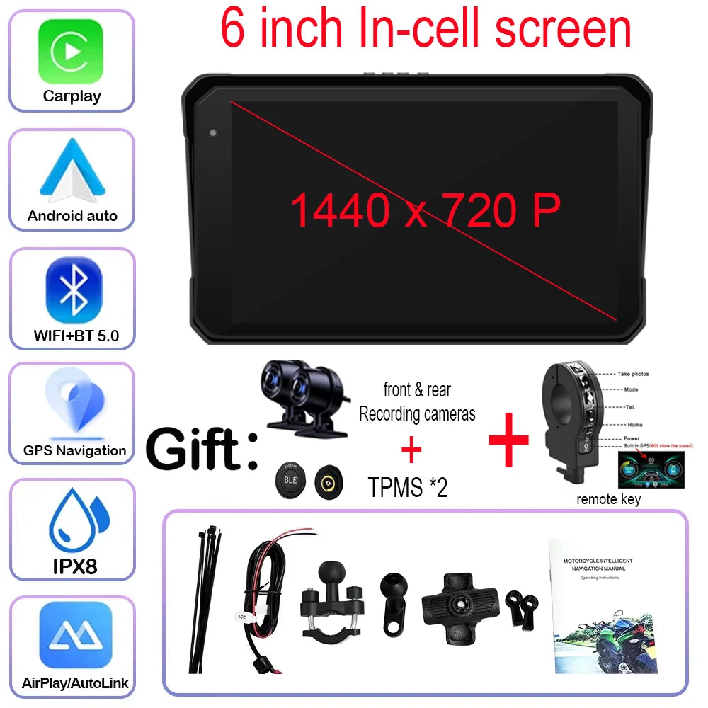 Motorcycle Navigation 6 inch Screen 1440*720P GPS Wireless CarPlay Android Auto Motorcycle GPS Motor DVR Monitor TPMS Optional