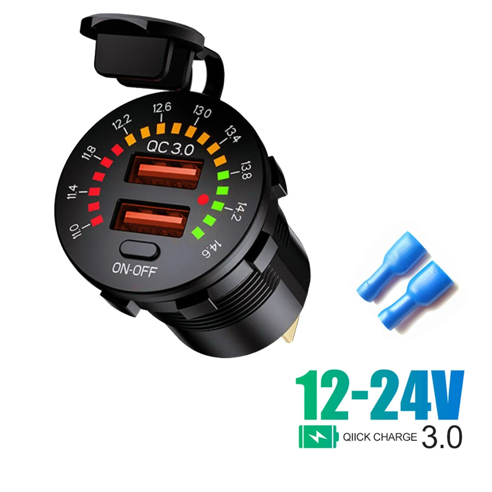 Car Charger with LED  36W Dual USB QC 3.0  12/24V Waterproof USB PD Outlet Fast Charge For Car Motorcycle