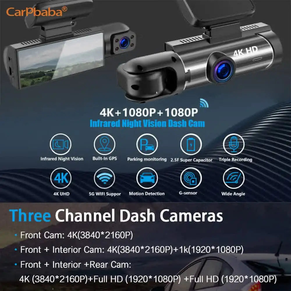 4K+1080P+1080P HD WiFi Dash Cam for Car DVR Camera Video Recorder Auto Night Vision WDR Voice Control Wireless 24H Parking Mode