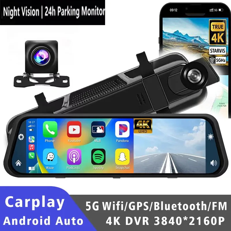 10" Dash Cam 4K 3840*2160P Car Dvr Carplay Android Auto GPS 5G WIFI AUX Stream RearView Mirror Dashcam Camera Drive Recorder FM