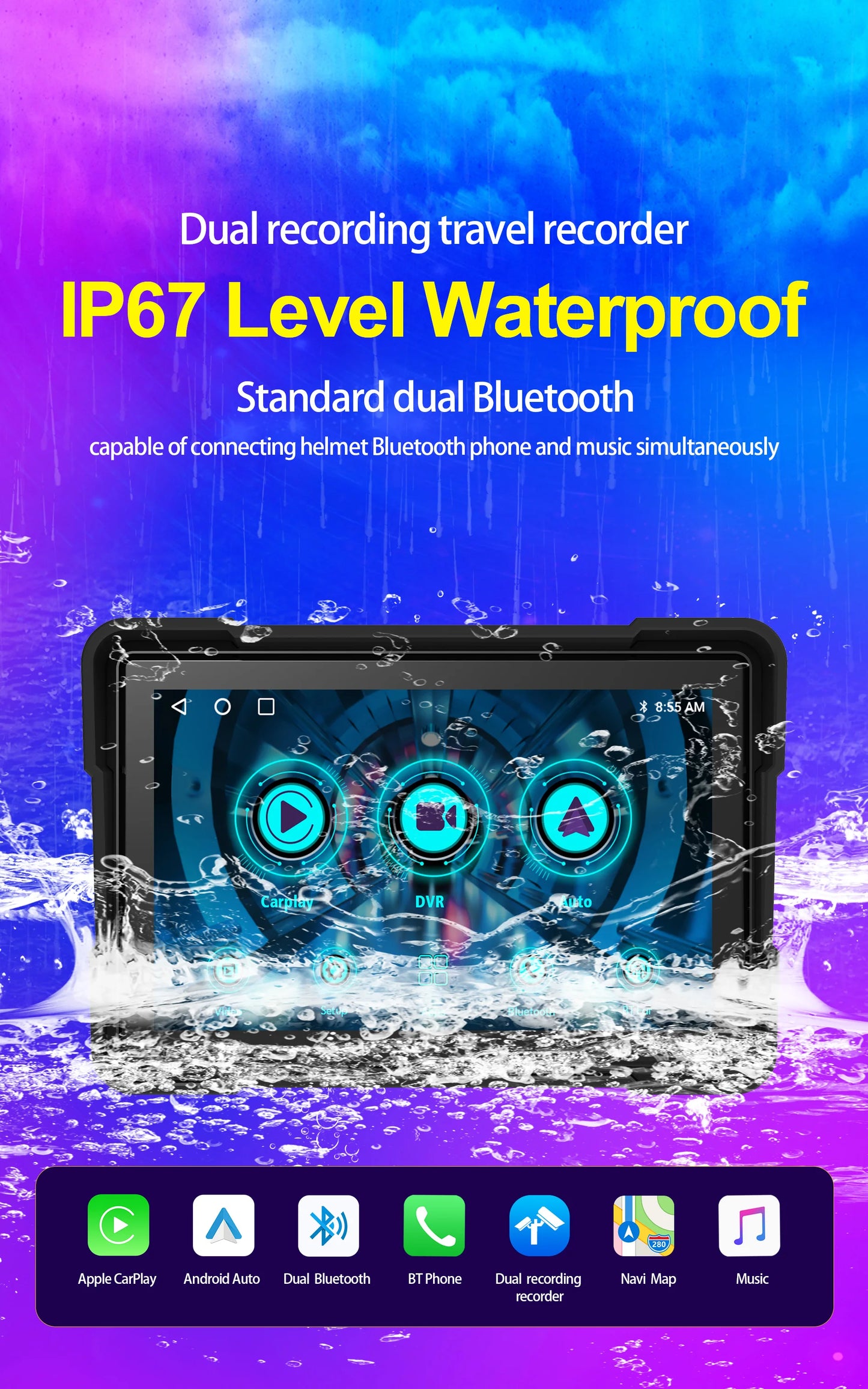 FOR Motorcycle Carplay Waterproof 1080P 5 Inch WiFi Wireless Android-Auto DVR Monitor Dash Cam GPS Navigation TPMS portable