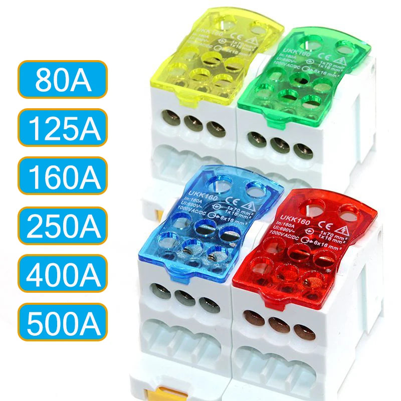 Bloque de terminales de riel DIN dividido eléctrico, caja de conexiones, cable de alimentación, conector eléctrico UKK80A, 125A, 160A, 250A, 400A y 500A