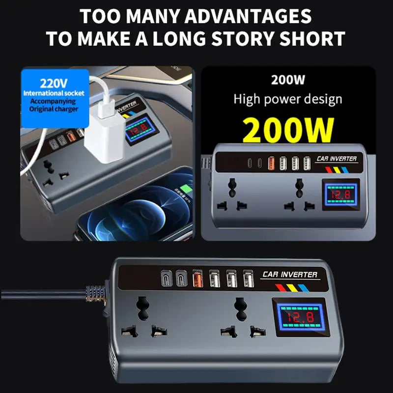 Car Inverter Outlet 12V/24V to 220V Car Converter for Plug Outlet Fast Charging Ports Portable Automotive Charger Inverter 3 USB