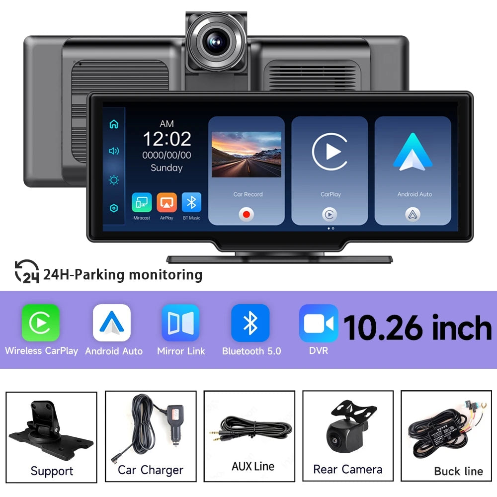 10.26 Inch 4K Car DVR Dash Cam Rearview Camera Carplay & Android Auto Navigation With Voice Control BT FM Monitor Car Screen