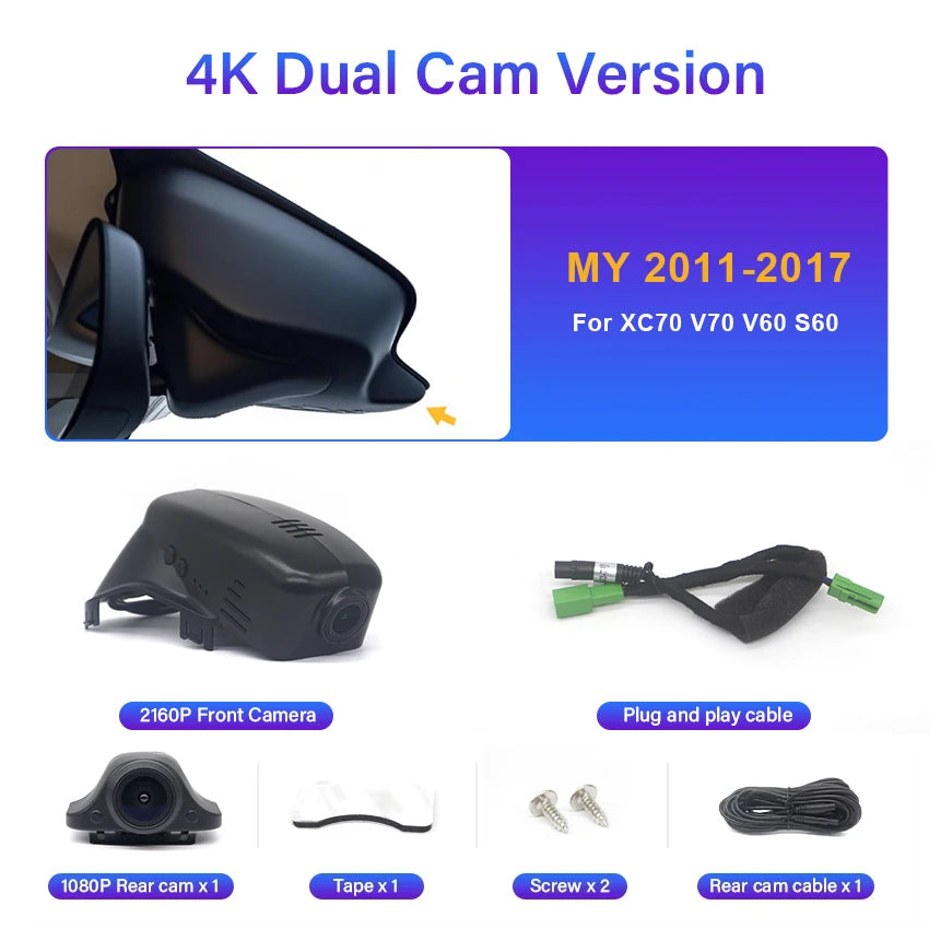 Dash Cam 4K For Volvo XC70 V70 V60 S60 2011-2017 Car DVR Dashcam Camera Video Recorder,Car Accessories
