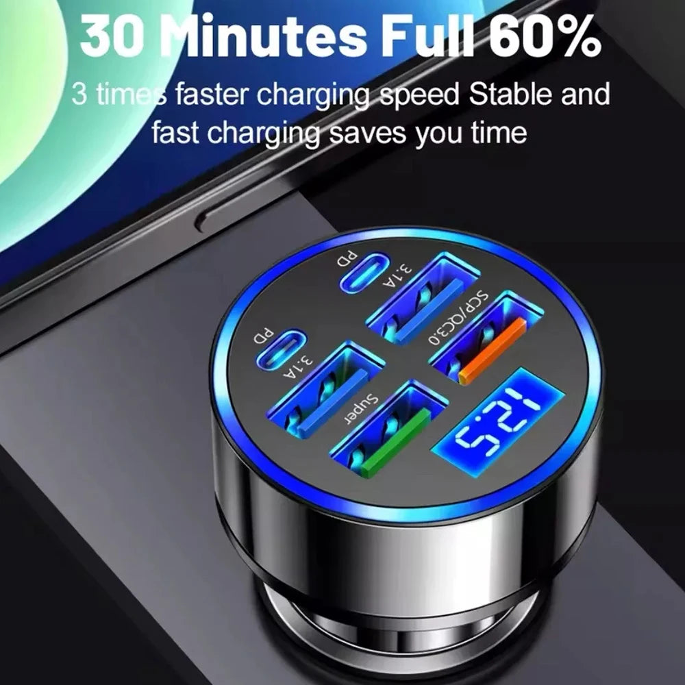 Super Fast 4-Port Car Charger 100W  for Mobile Phone High-Speed Vehicle Charging Station with Multiple Devices Charging Capacity