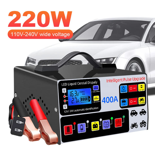 400A Car Battery Charger 220W Heavy Duty Smart Battery Charger 12V/24V Battery High Power Fast Charger Self-Stop Battery Charger