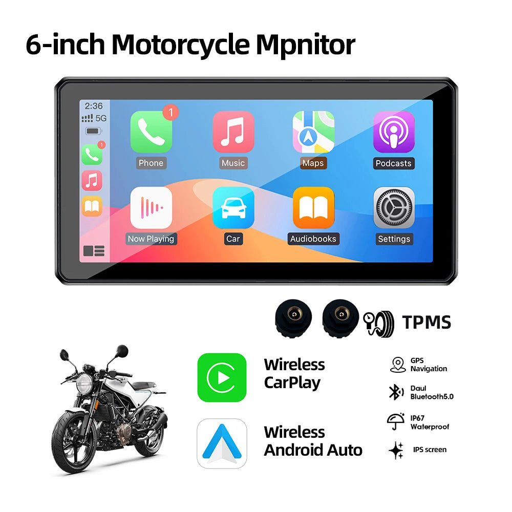 6inch Wireless CarPlay Moto Portable Digital Motorcycle Dashboard IP67 GPS Navigation Display Screen Android Auto Monitor