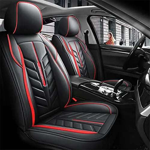 Seat Covers Auto Front and Rear Full Set 5-yangats Car Cushions,Black and Red PU Leather