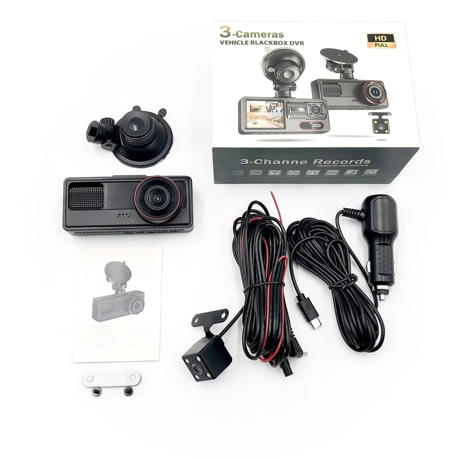3-lens dash cam, 3-channel car-mounted high-definition night vision, 2-inch front and rear dual recording, WiFi connectivity