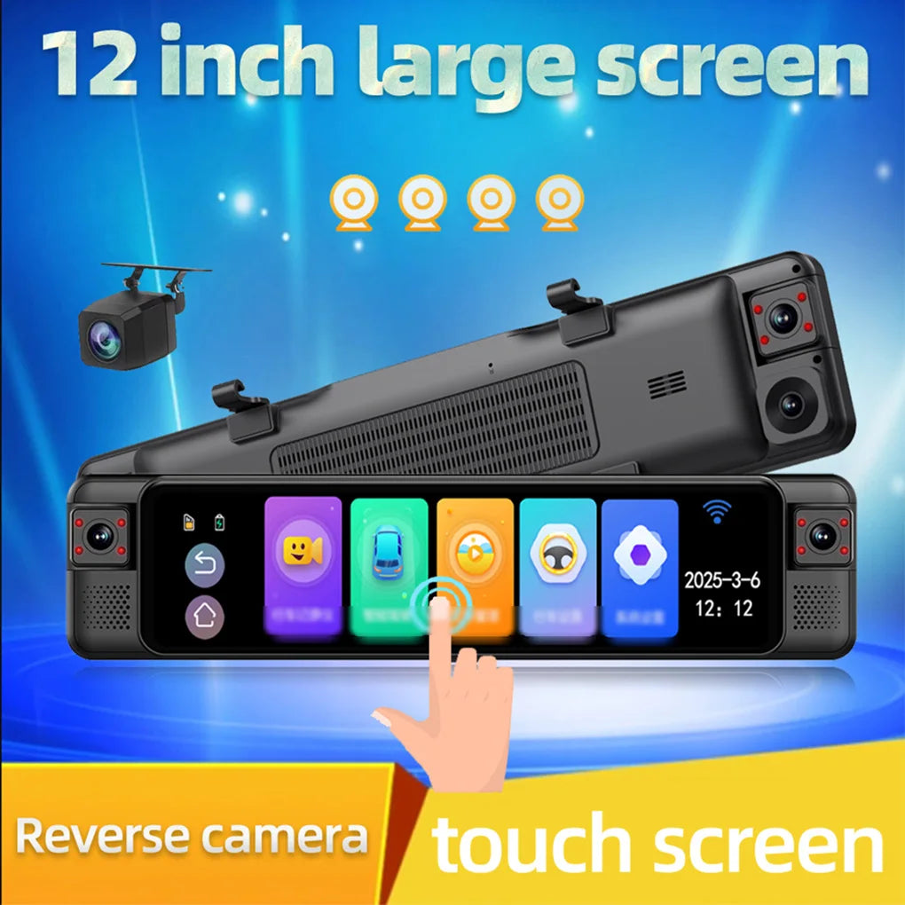 4CH Dash Cam 12" 4K+1K+1K+1K WIFI Rear View Mirror 4 Cameras Video recorder Car DVR ADAS BSD Night Vision 24H Parking Monitor